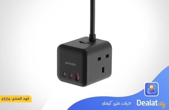 Porodo GaN Power Cube Multi-Port Charger (3 Power Outlets, USB-A Port, USB-C Port, PD Port) 2m