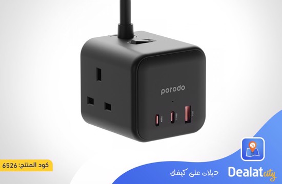 Porodo GaN Power Cube Multi-Port Charger (3 Power Outlets, USB-A Port, USB-C Port, PD Port) 2m